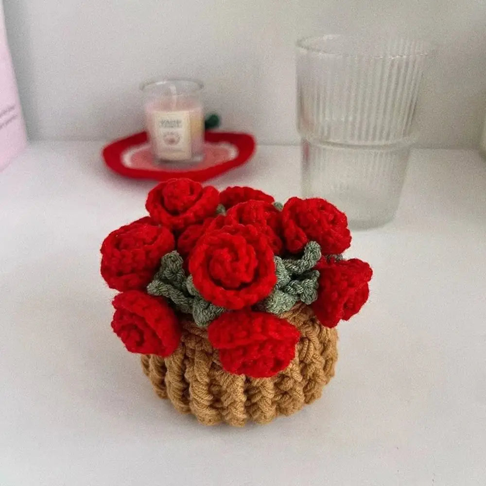 Creative DIY Rose Bouquet Coaster Hand Knitted Mini Flower Coasters Crochet Flower Pot Home Decor