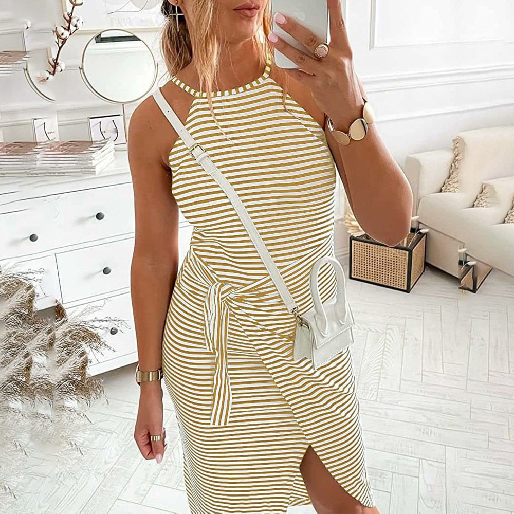 Casual Sleeveless Striped Midi Dresses