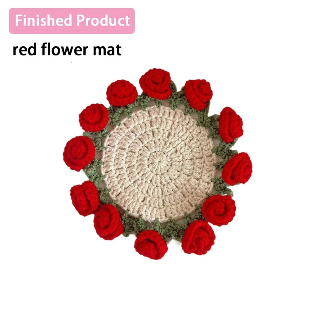 Creative DIY Rose Bouquet Coaster Hand Knitted Mini Flower Coasters Crochet Flower Pot Home Decor