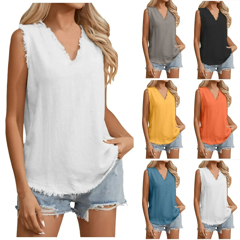 Cotton and Linen V-neck Raw Edge Design Vest