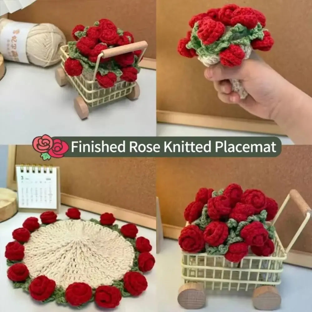 Creative DIY Rose Bouquet Coaster Hand Knitted Mini Flower Coasters Crochet Flower Pot Home Decor