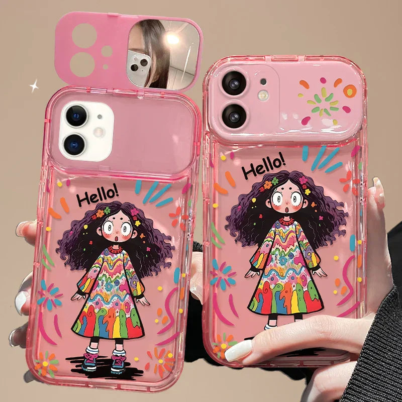 Creative Graffiti Cute Girl Phone Case with Flip Mirror for iPhone