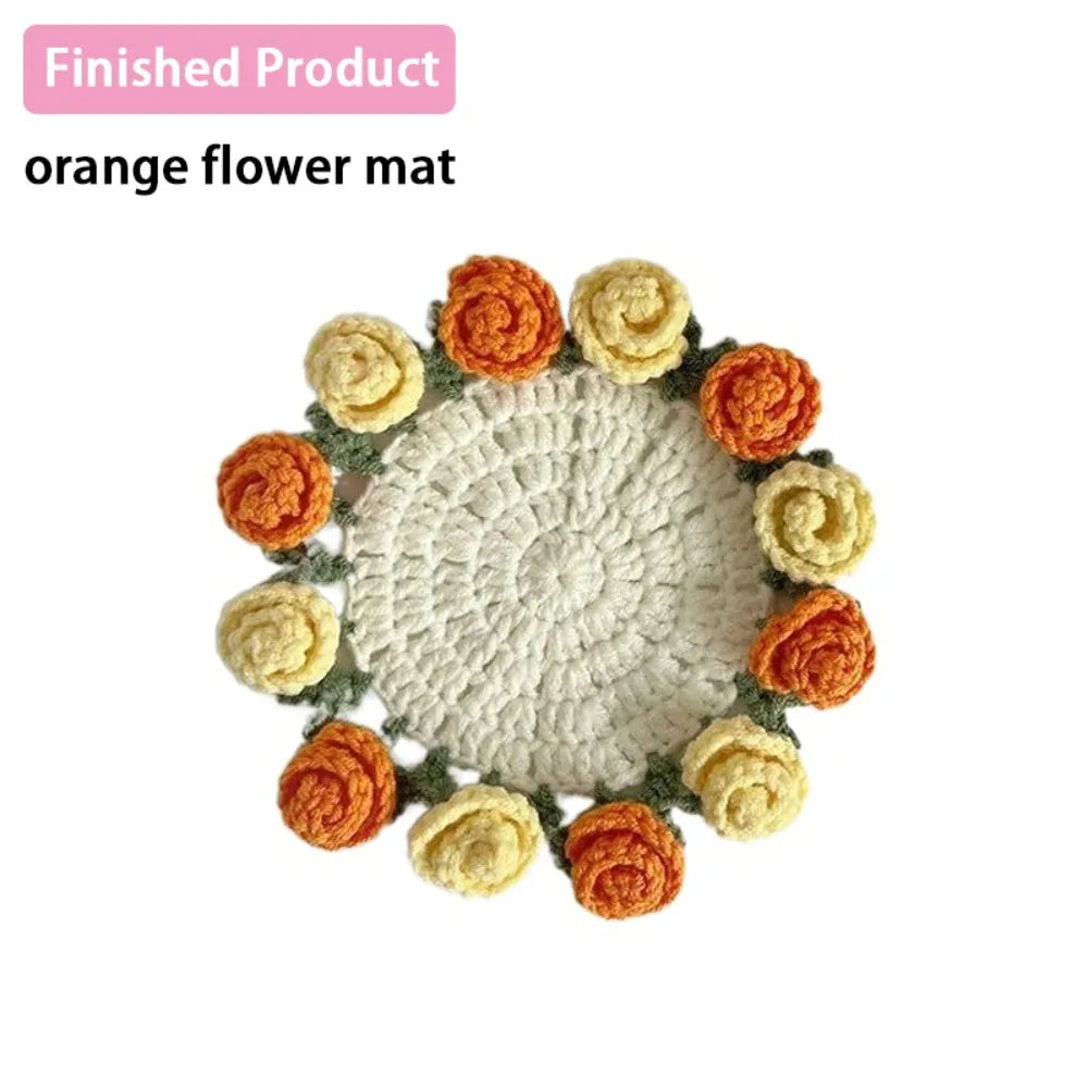 Creative DIY Rose Bouquet Coaster Hand Knitted Mini Flower Coasters Crochet Flower Pot Home Decor