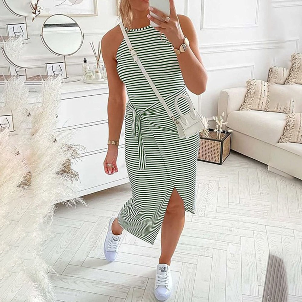 Casual Sleeveless Striped Midi Dresses