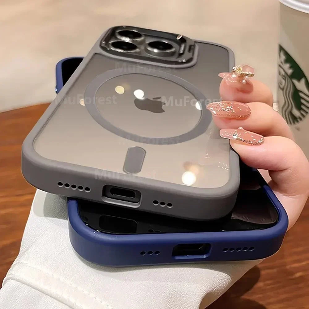 Clear Magnetic Case with Camera Kickstand for iPhone Compatible withMag Safe Military-Grade Protective Case CoverDrop Protection