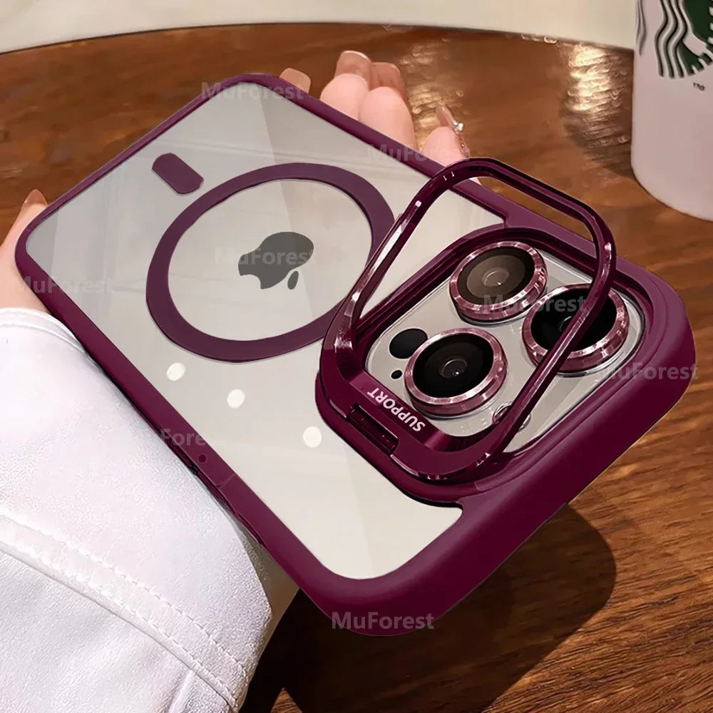Clear Magnetic Case with Camera Kickstand for iPhone Compatible withMag Safe Military-Grade Protective Case CoverDrop Protection
