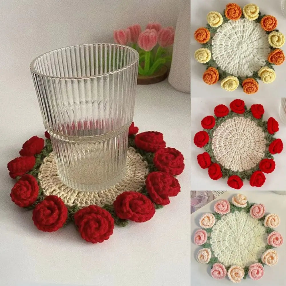 Creative DIY Rose Bouquet Coaster Hand Knitted Mini Flower Coasters Crochet Flower Pot Home Decor