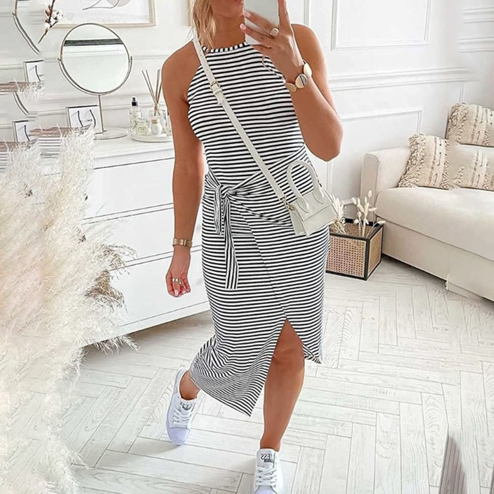 Casual Sleeveless Striped Midi Dresses