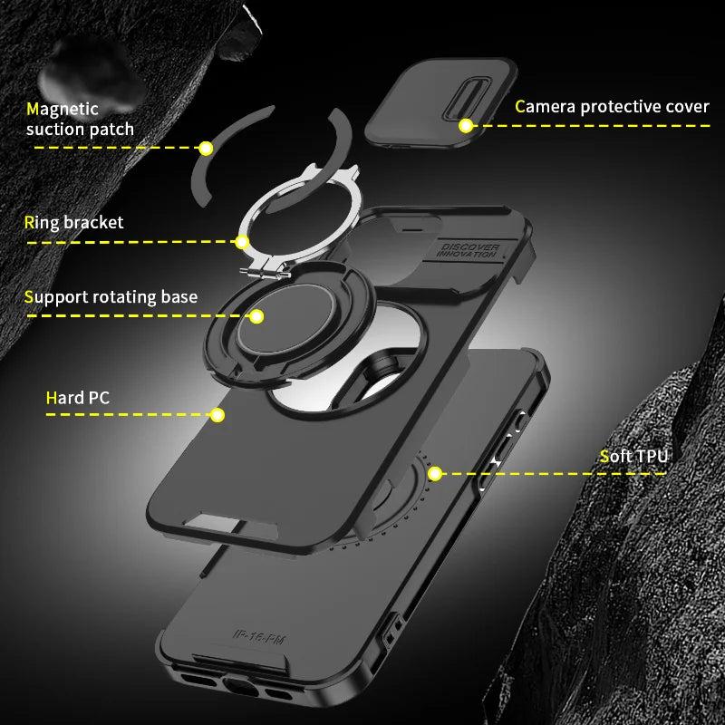 Case with Slide Camera Cover & Rotatable Ring Kickstand, Grade Shockproof Protective Case for iPhone 11/12/13/14/15/16/17 Series