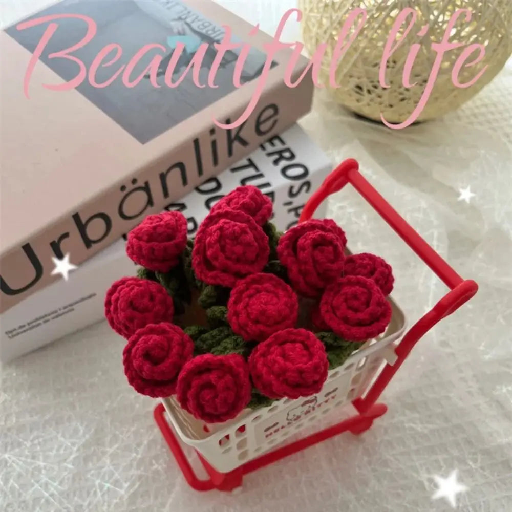 Creative DIY Rose Bouquet Coaster Hand Knitted Mini Flower Coasters Crochet Flower Pot Home Decor