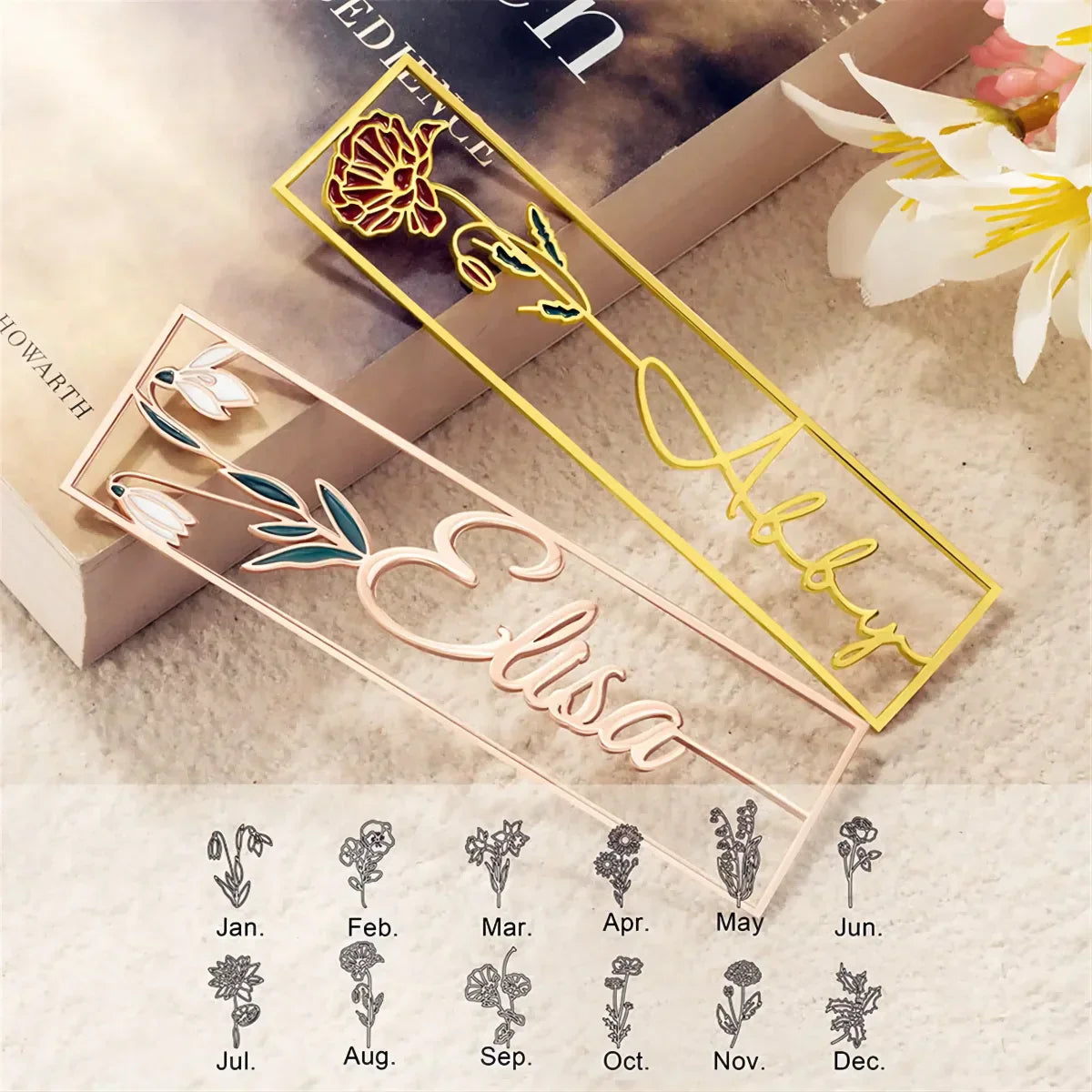Custom Birth Flower Name Bookmark, Colorful Birthday Flower Stainless Steel Bookmarks, Gifts for Kids/Book Lovers/Reader