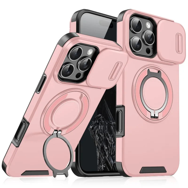 Case with Slide Camera Cover & Rotatable Ring Kickstand, Grade Shockproof Protective Case for iPhone 11/12/13/14/15/16/17 Series