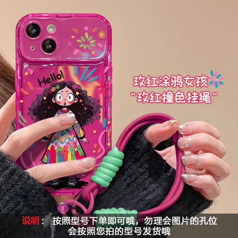 Creative Graffiti Cute Girl Phone Case with Flip Mirror for iPhone
