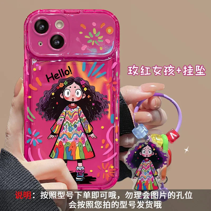 Creative Graffiti Cute Girl Phone Case with Flip Mirror for iPhone
