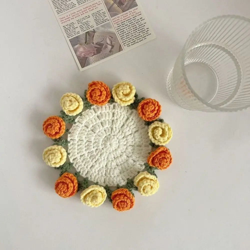 Creative DIY Rose Bouquet Coaster Hand Knitted Mini Flower Coasters Crochet Flower Pot Home Decor