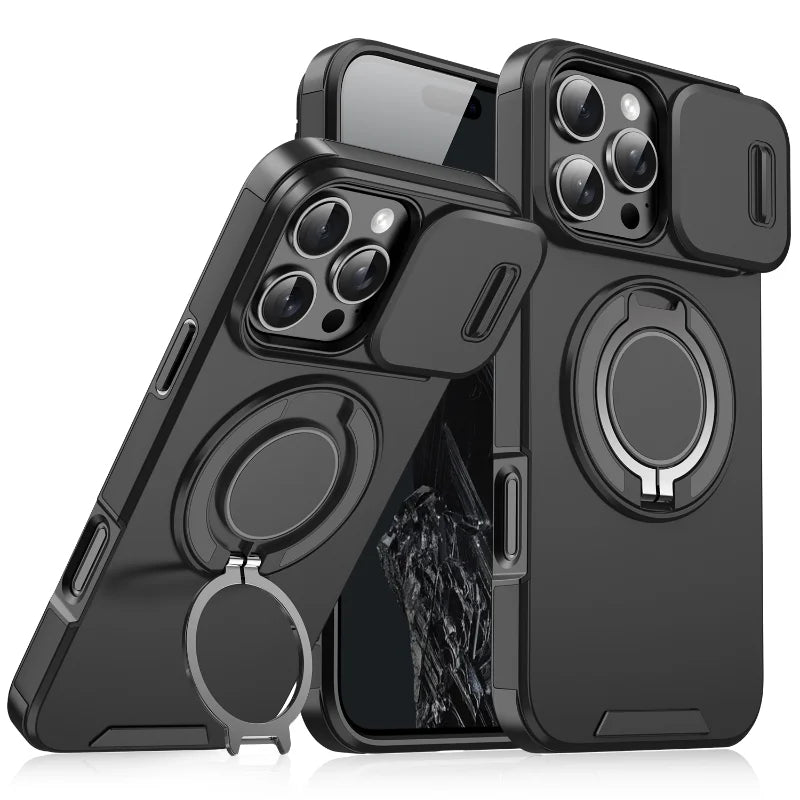 Case with Slide Camera Cover & Rotatable Ring Kickstand, Grade Shockproof Protective Case for iPhone 11/12/13/14/15/16/17 Series
