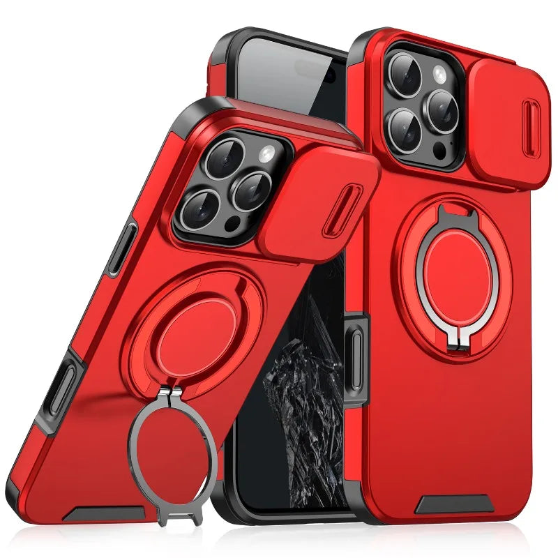 Case with Slide Camera Cover & Rotatable Ring Kickstand, Grade Shockproof Protective Case for iPhone 11/12/13/14/15/16/17 Series