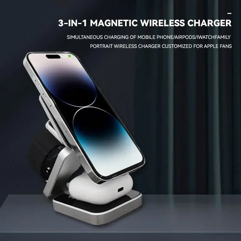 3 in 1 Wireless Charger Stand Magnetic Folding Stand for Apple iPhones Headphones Watch