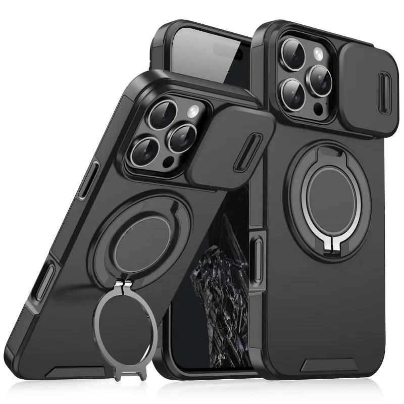 Case with Slide Camera Cover & Rotatable Ring Kickstand, Grade Shockproof Protective Case for iPhone 11/12/13/14/15/16/17 Series