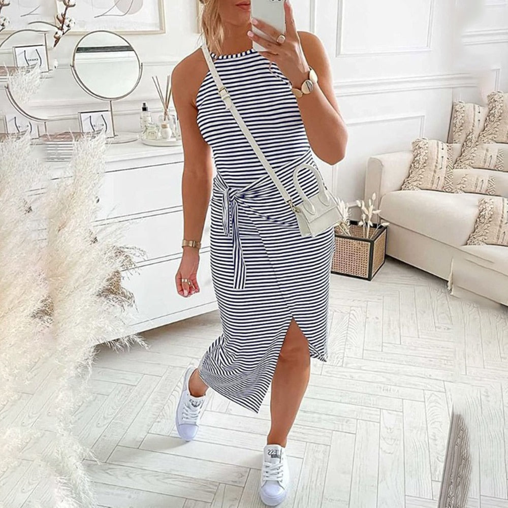 Casual Sleeveless Striped Midi Dresses