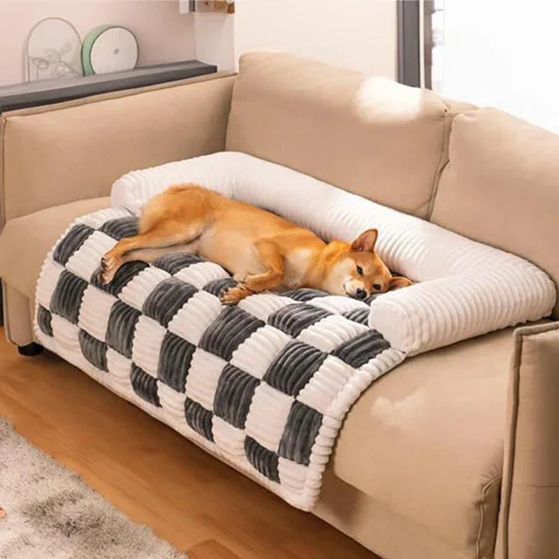Cream Square Plaid Cozy Dog Mat Furniture Protector Cover