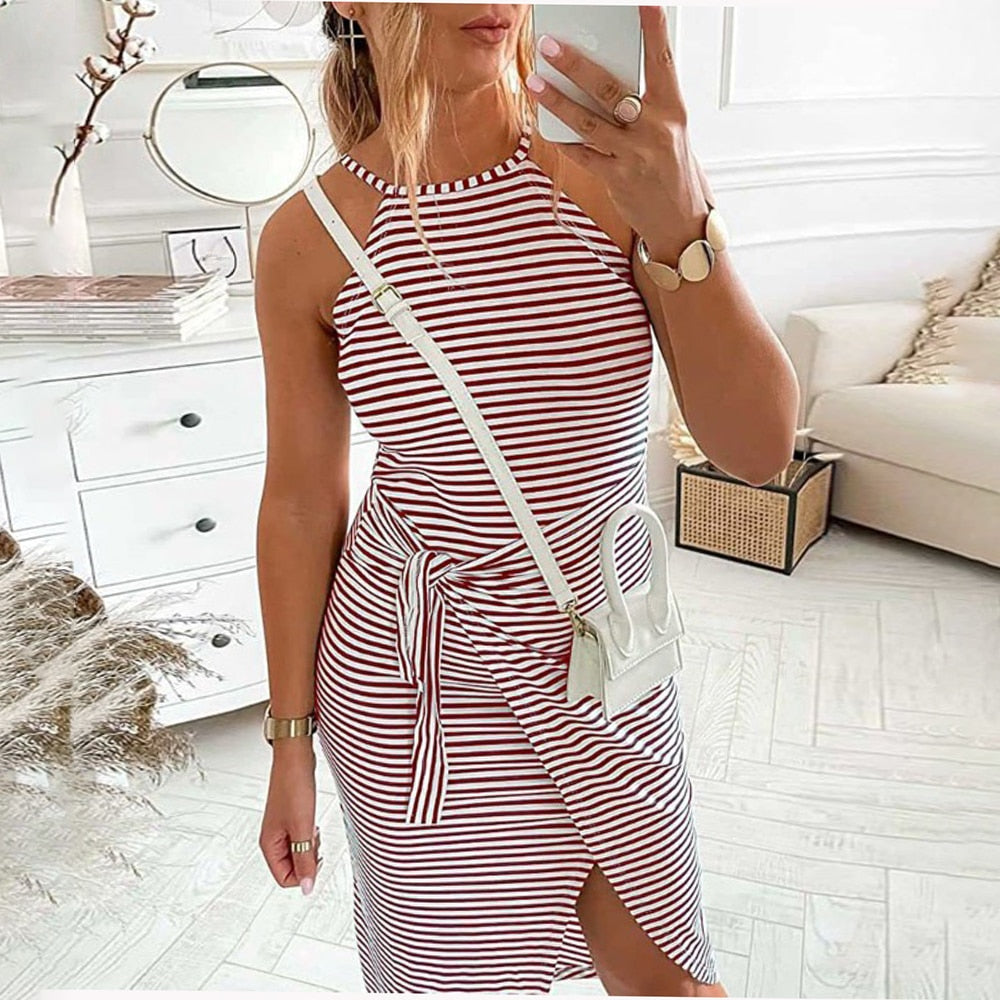 Casual Sleeveless Striped Midi Dresses