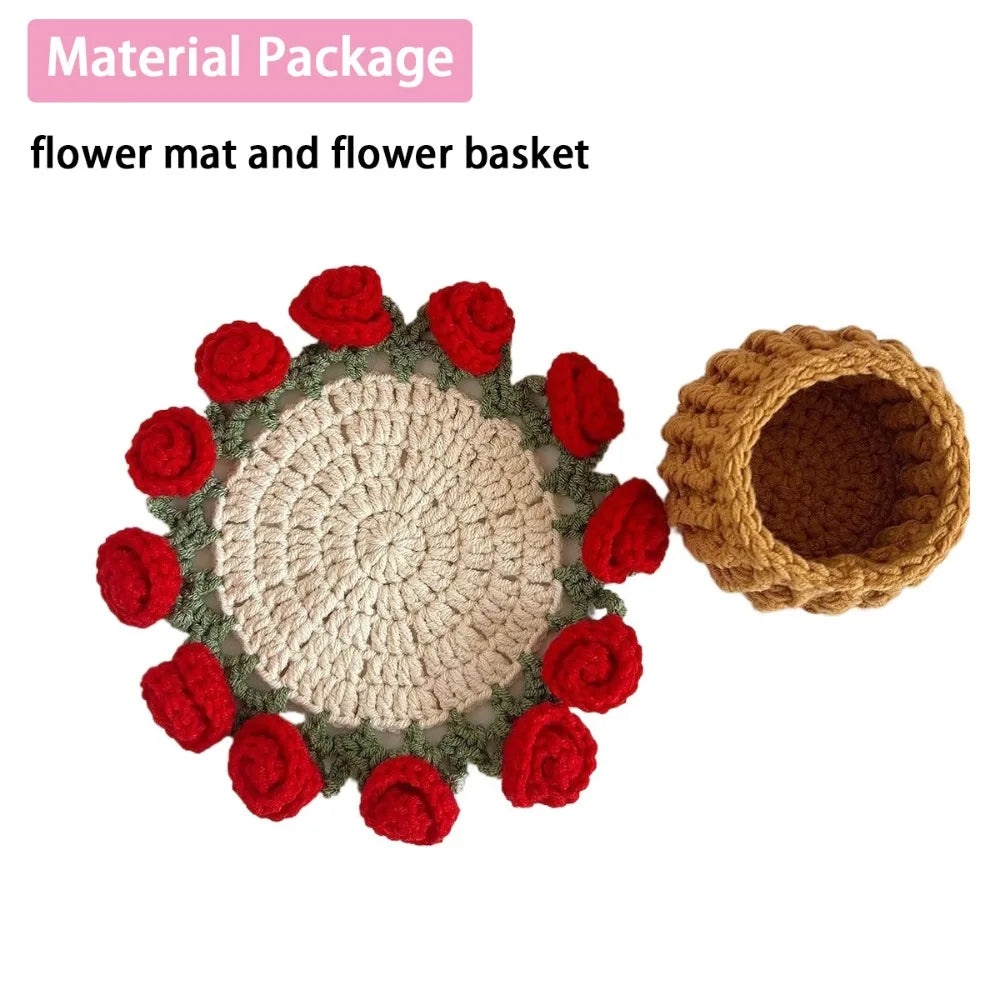 Creative DIY Rose Bouquet Coaster Hand Knitted Mini Flower Coasters Crochet Flower Pot Home Decor