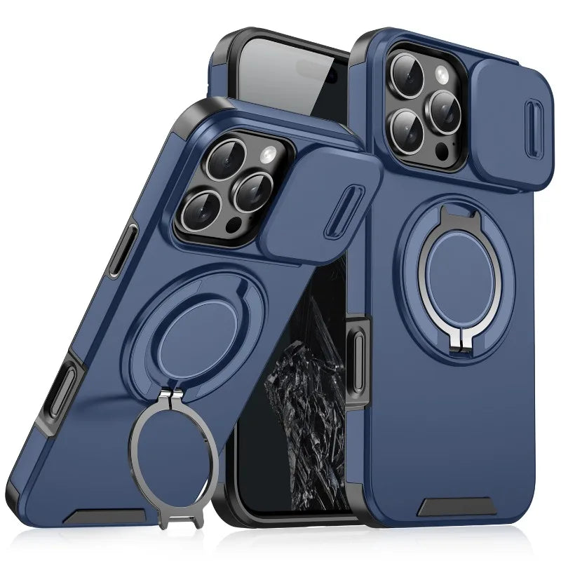 Case with Slide Camera Cover & Rotatable Ring Kickstand, Grade Shockproof Protective Case for iPhone 11/12/13/14/15/16/17 Series