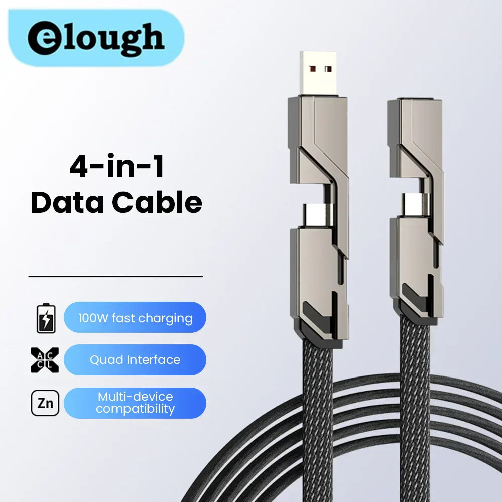 4-in-1 USB C Cable Lightning Cable 100W [Fast Charging & Data Sync] Flat Braided Multi iPad Charger Cord Combo Lightning/Type C/USB A Ports