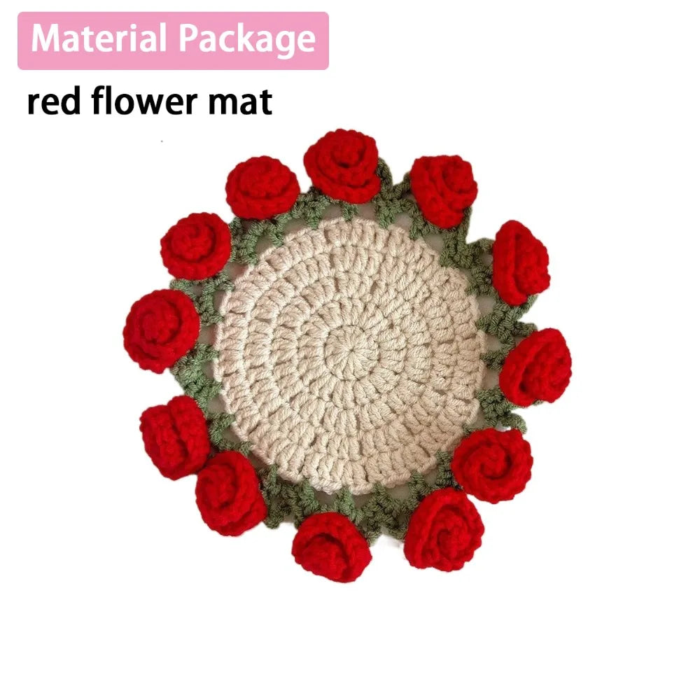 Creative DIY Rose Bouquet Coaster Hand Knitted Mini Flower Coasters Crochet Flower Pot Home Decor